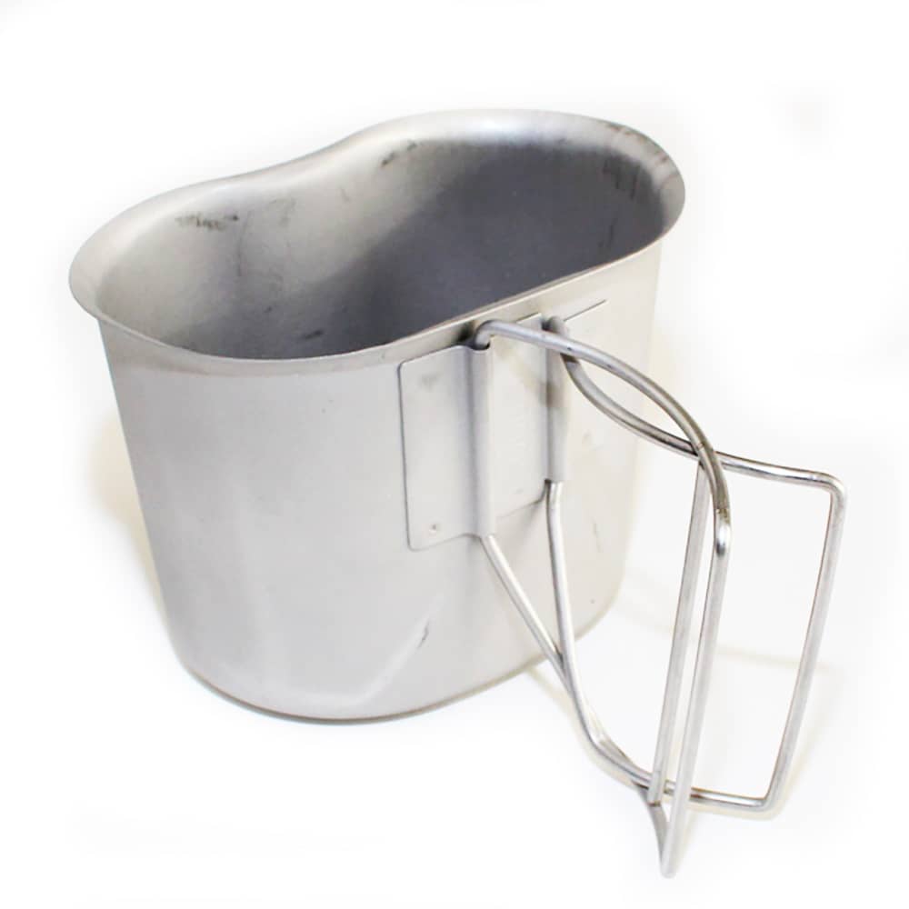 1 Quart Steel Water Canteen Cup with Folding Handle in Used Condition