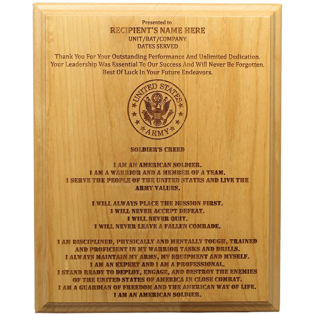 Army Retirement Gift Red Alder Wood Plaque with Personalized Text