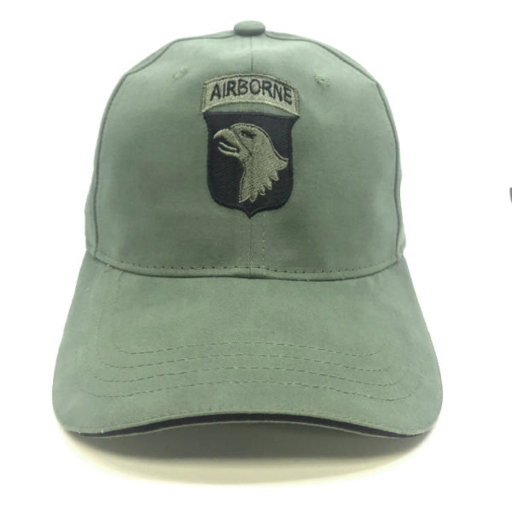 An olive green baseball cap featuring an embroidered US Army 101st Airborne patch on the front, set against a plain white background.