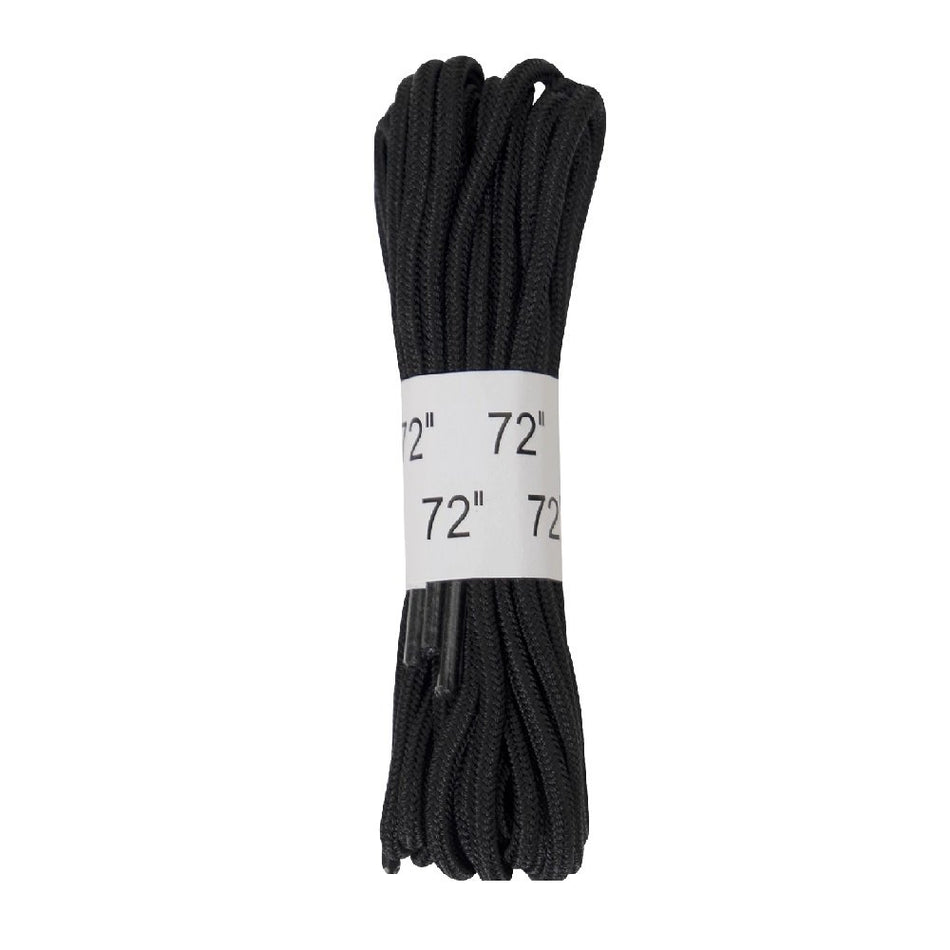 A bundle of black braided shoelaces wrapped with a white paper band showing the length '72"'.