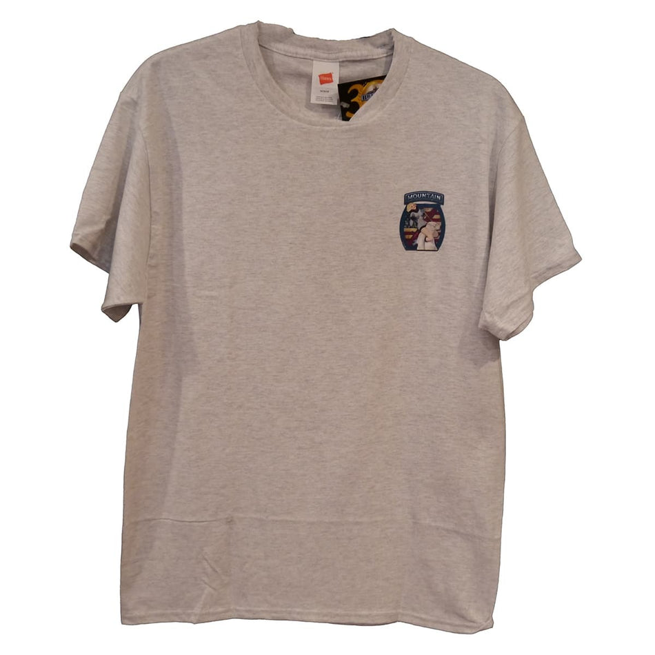 Gray t-shirt with a small graphic on the chest against a white background