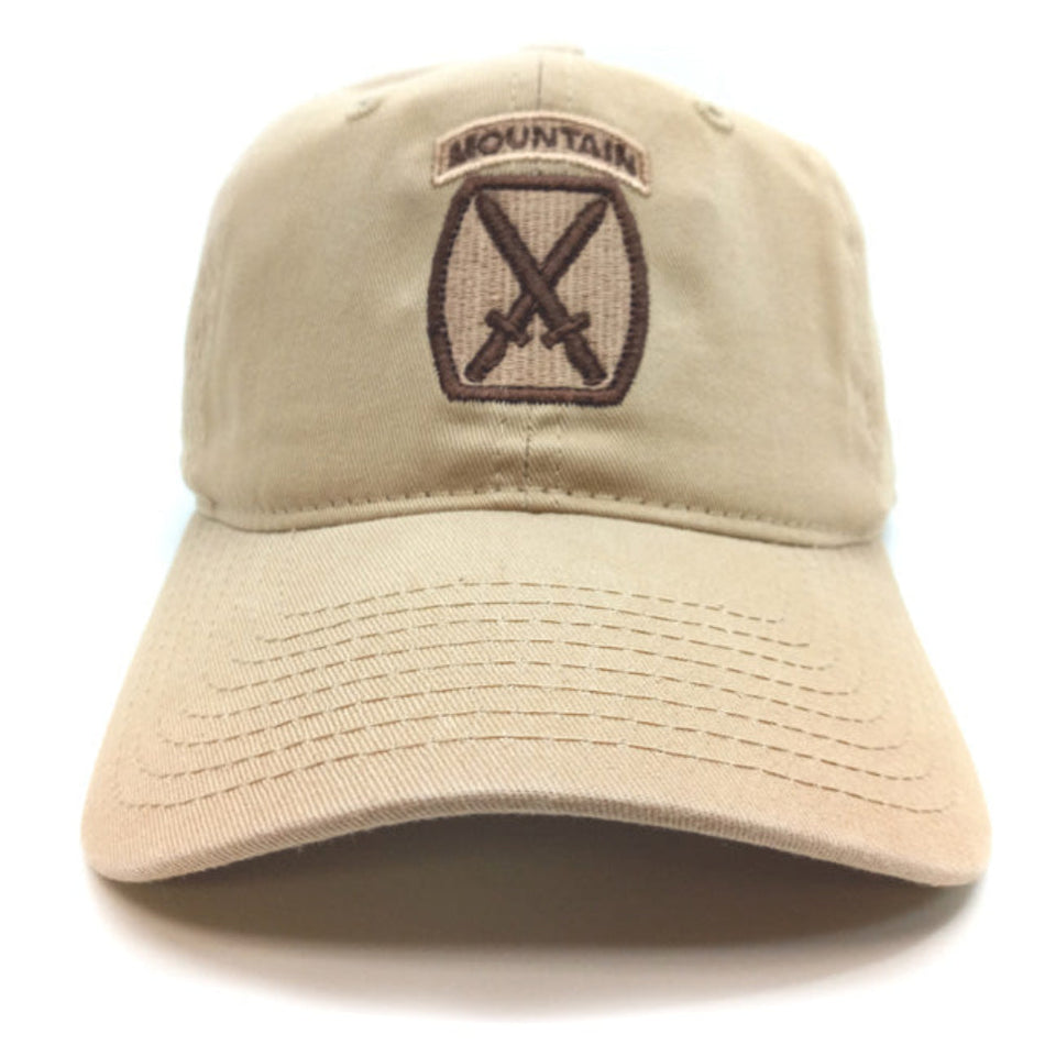 A khaki baseball cap featuring an embroidered brown and beige 'Mountain' shield logo with crossed swords on the front, set against a plain white background.