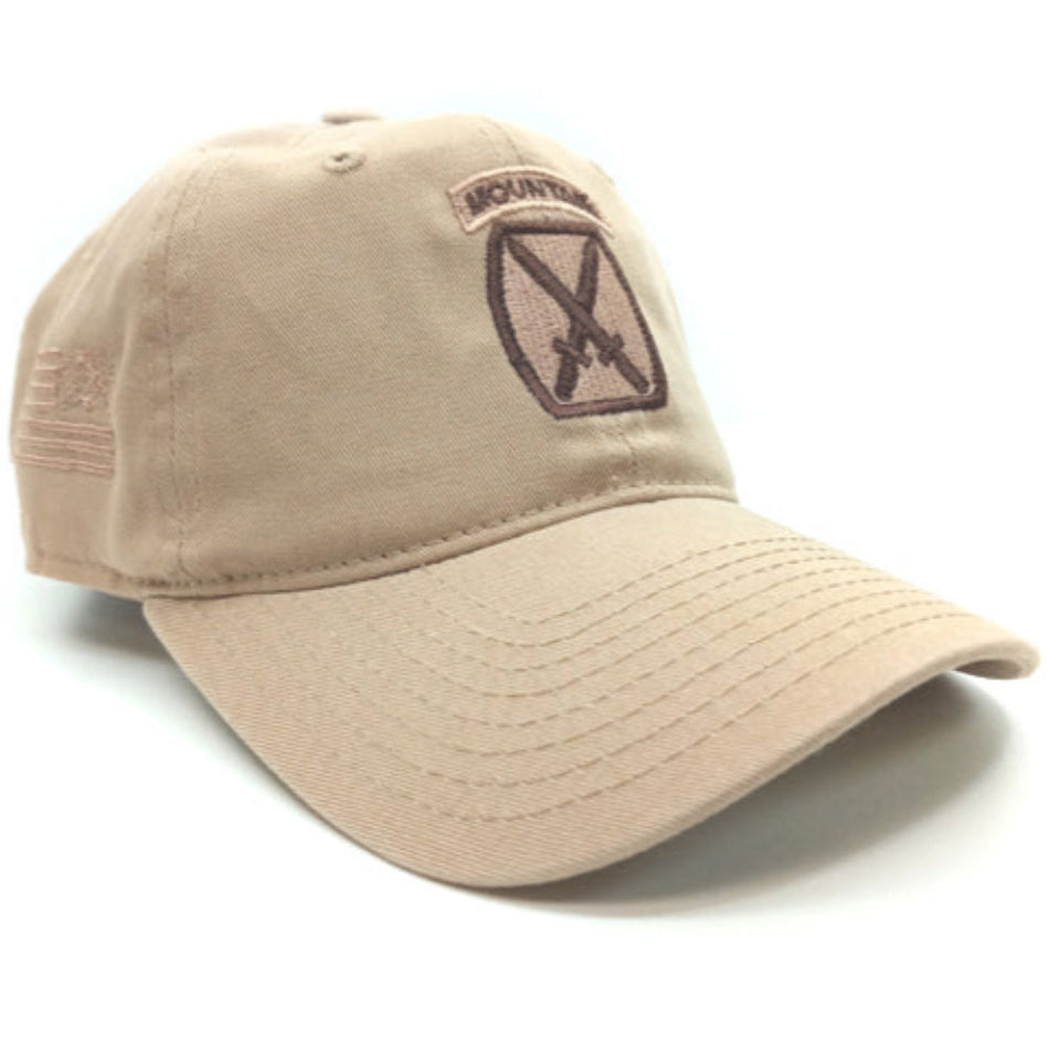 A khaki beige baseball cap featuring an embroidered brown and black Mountain Division insignia on the front and a faded US flag on the side, set against a plain white background.