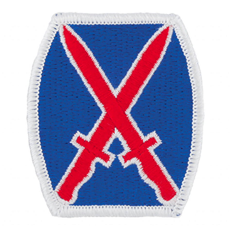 10th mountain division color patch A rectangular embroidered patch with a blue mesh background, featuring two red crossed swords outlined in white, surrounded by a white stitched border.