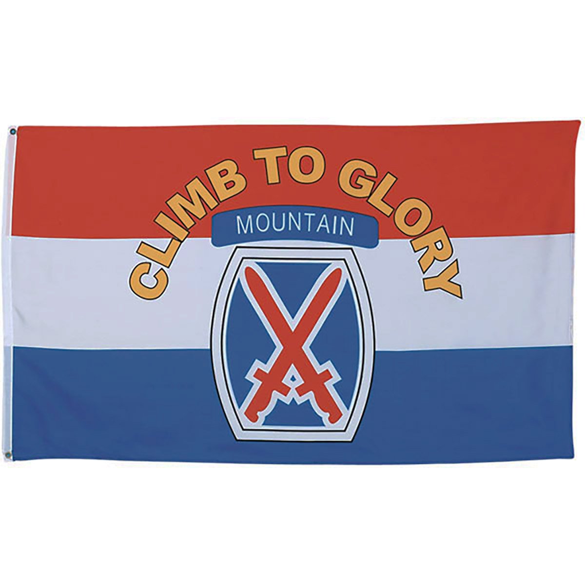 A rectangular flag with horizontal red, white, and blue stripes and a central crest featuring crossed red swords on a blue shield. Arching gold text above reads 'CLIMB TO GLORY' and a blue banner reads 'MOUNTAIN.