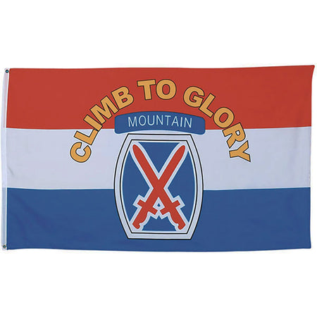 A rectangular flag with horizontal red, white, and blue stripes and a central crest featuring crossed red swords on a blue shield. Arching gold text above reads 'CLIMB TO GLORY' and a blue banner reads 'MOUNTAIN.