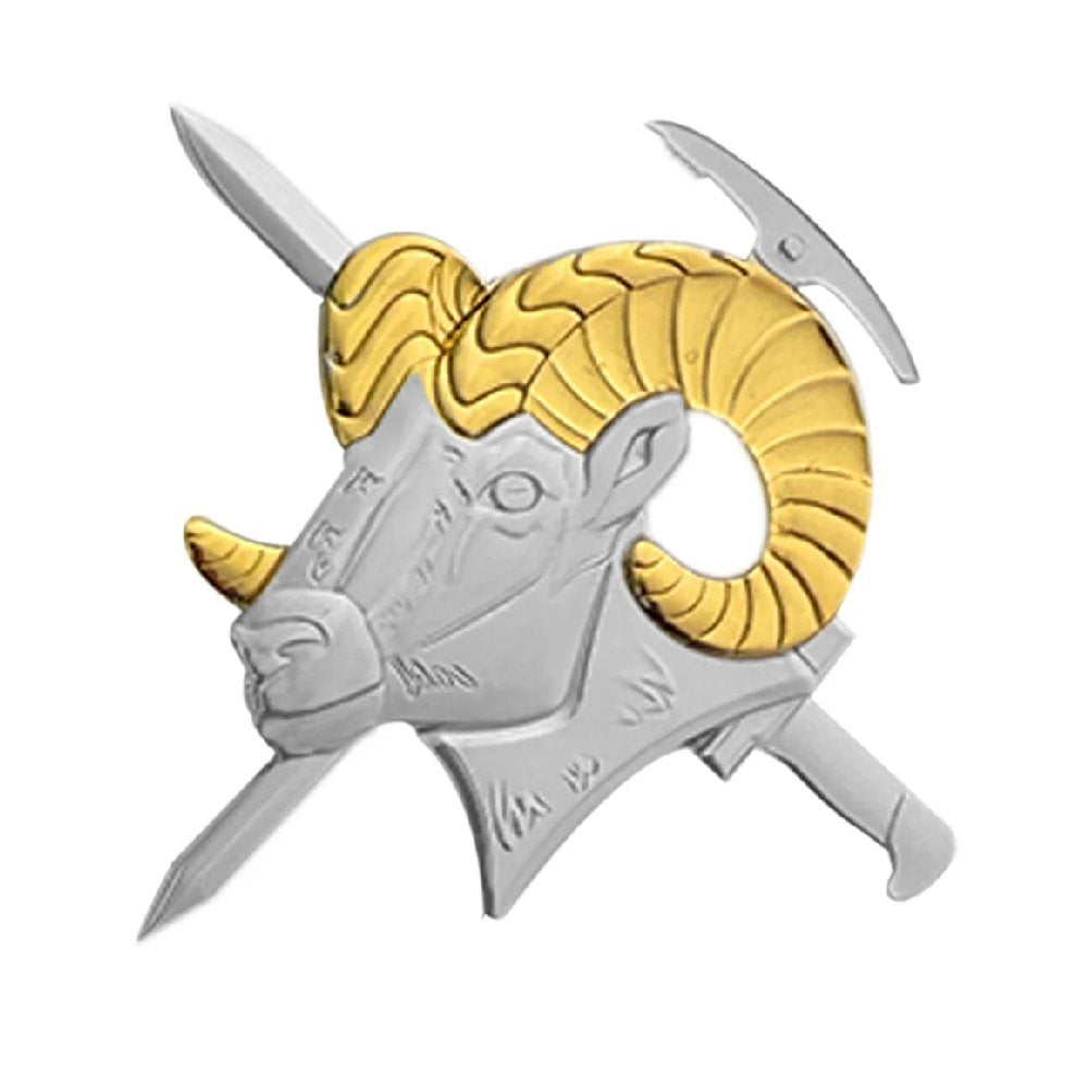 Decorative sheath with ram's head design and gold horns on a white background