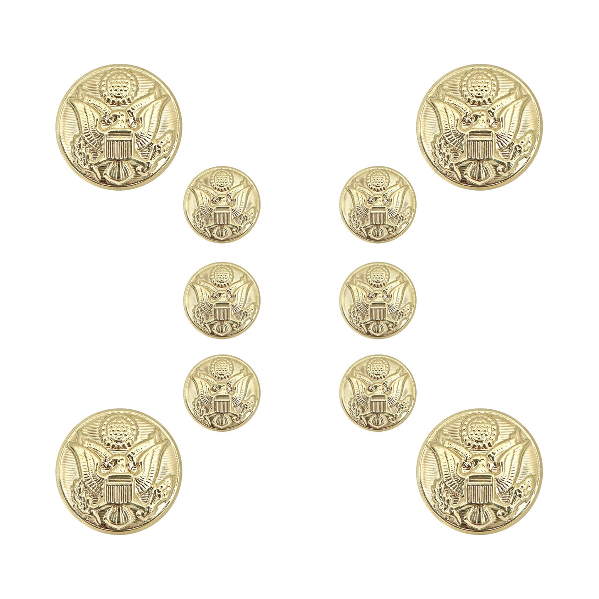 Nine gold military-style buttons with an eagle emblem, arranged on a plain white background.