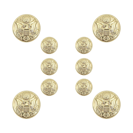 Nine gold military-style buttons with an eagle emblem, arranged on a plain white background.