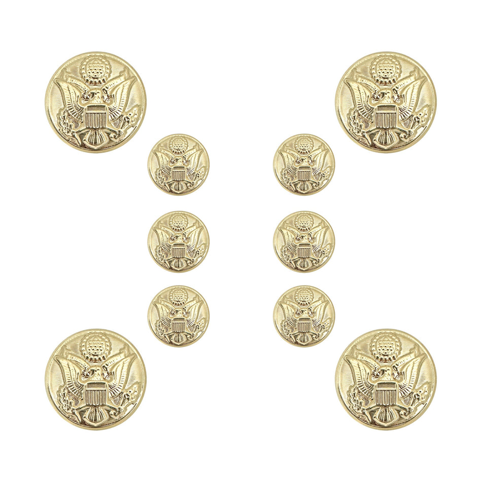 Nine gold military-style buttons with an eagle emblem, arranged on a plain white background.