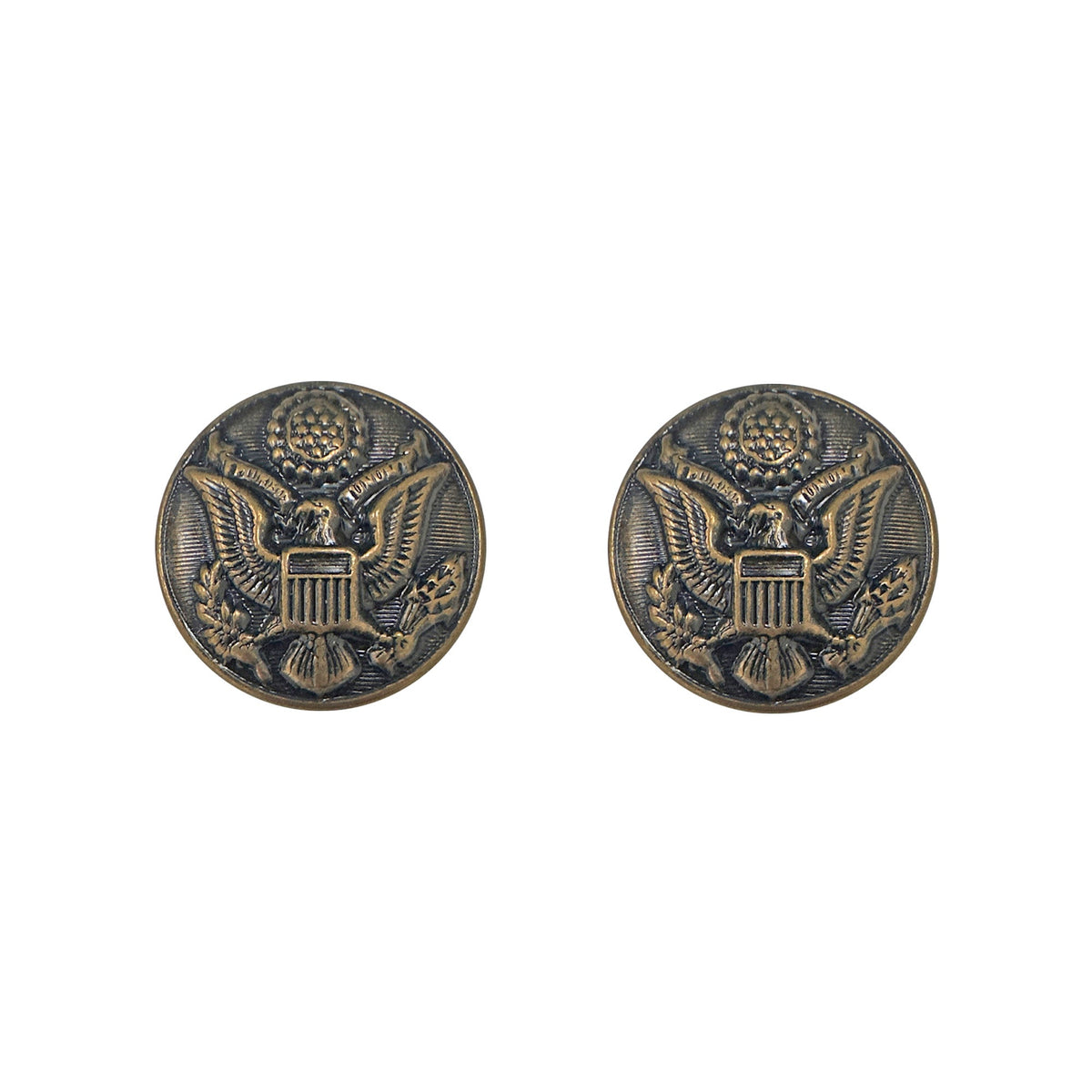 A pair of round antique bronze military-style buttons featuring an eagle emblem, shown on a plain white background.