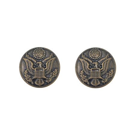 A pair of round antique bronze military-style buttons featuring an eagle emblem, shown on a plain white background.