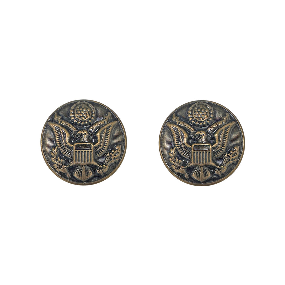 A pair of round antique bronze military-style buttons featuring an eagle emblem, shown on a plain white background.