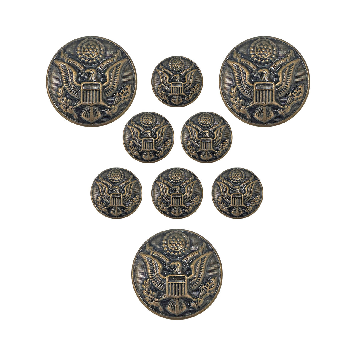 Seven round decorative buttons with an embossed eagle emblem, shown in two sizes on a plain white background.