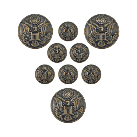 Seven round decorative buttons with an embossed eagle emblem, shown in two sizes on a plain white background.