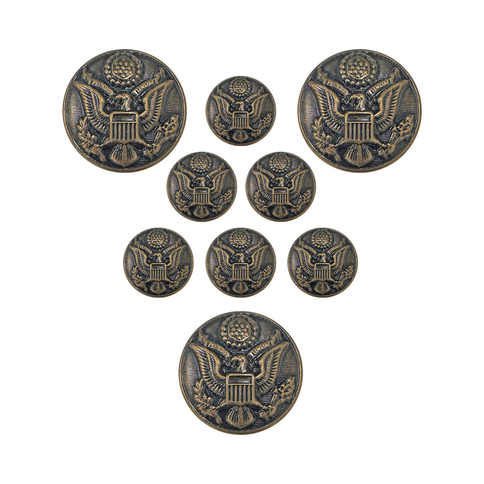 Seven round decorative buttons with an embossed eagle emblem, shown in two sizes on a plain white background.