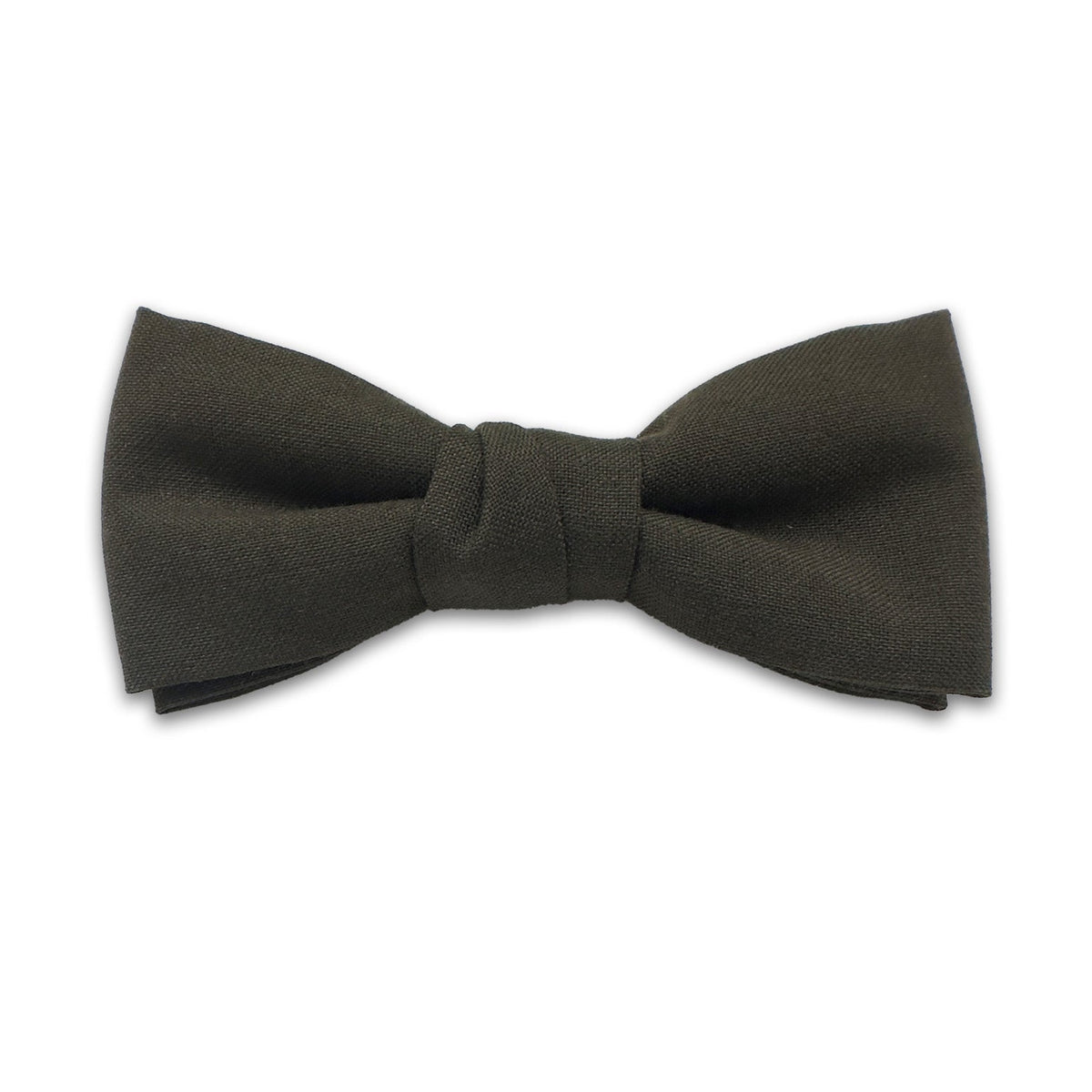 A pre-tied bow tie in a dark olive green color, presented on a clean white background.