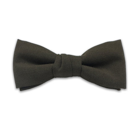 A pre-tied bow tie in a dark olive green color, presented on a clean white background.