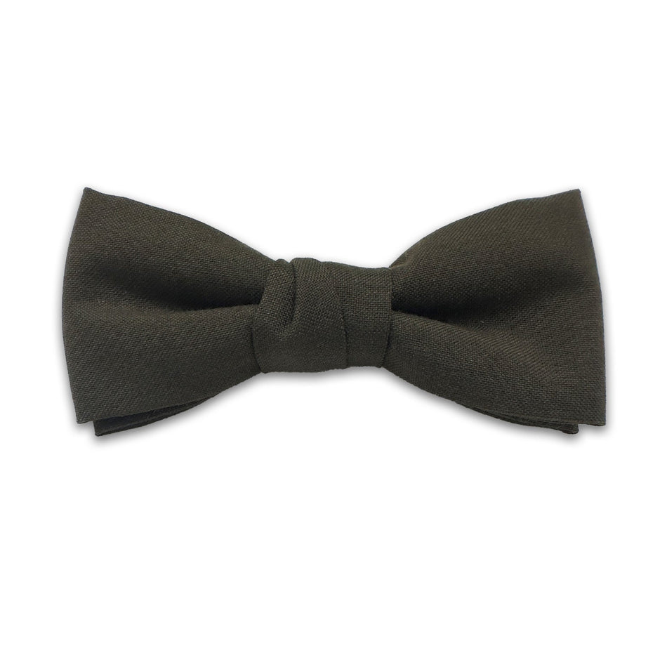 A pre-tied bow tie in a dark olive green color, presented on a clean white background.