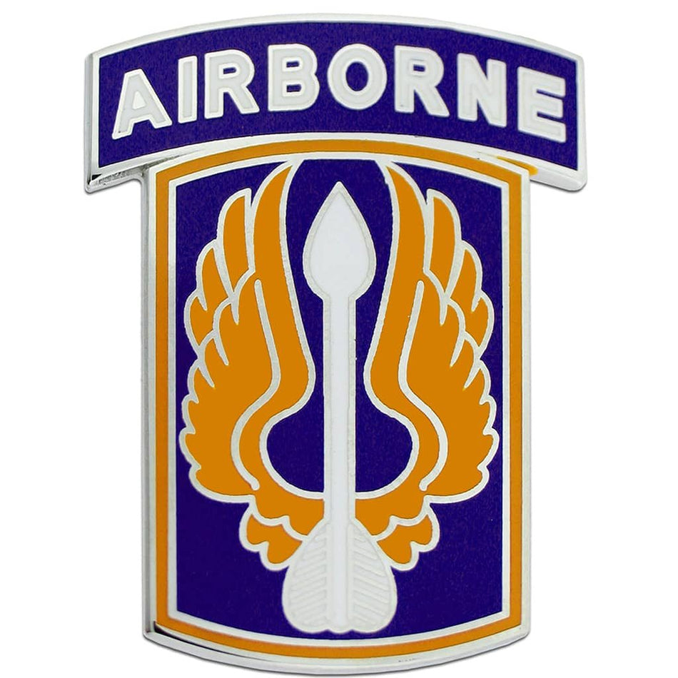 18th Aviation Brigade With Tab Combat Service Identification Badge, featuring a purple background, gold wings, a white spearhead, and a white 'AIRBORNE' banner at the top.