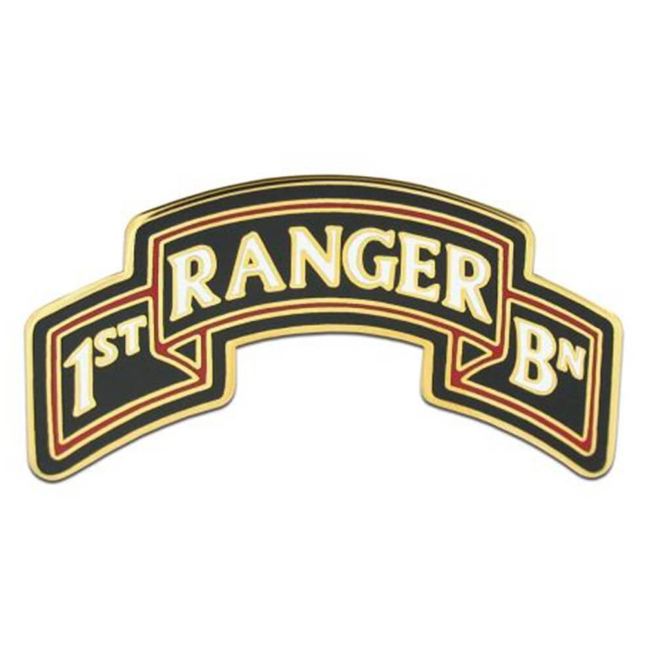 1st Battalion - 75th Ranger Regiment Combat Service Identification Badge reading '1ST RANGER BN' in gold lettering on a black background with red border lines, shown on a plain white background.