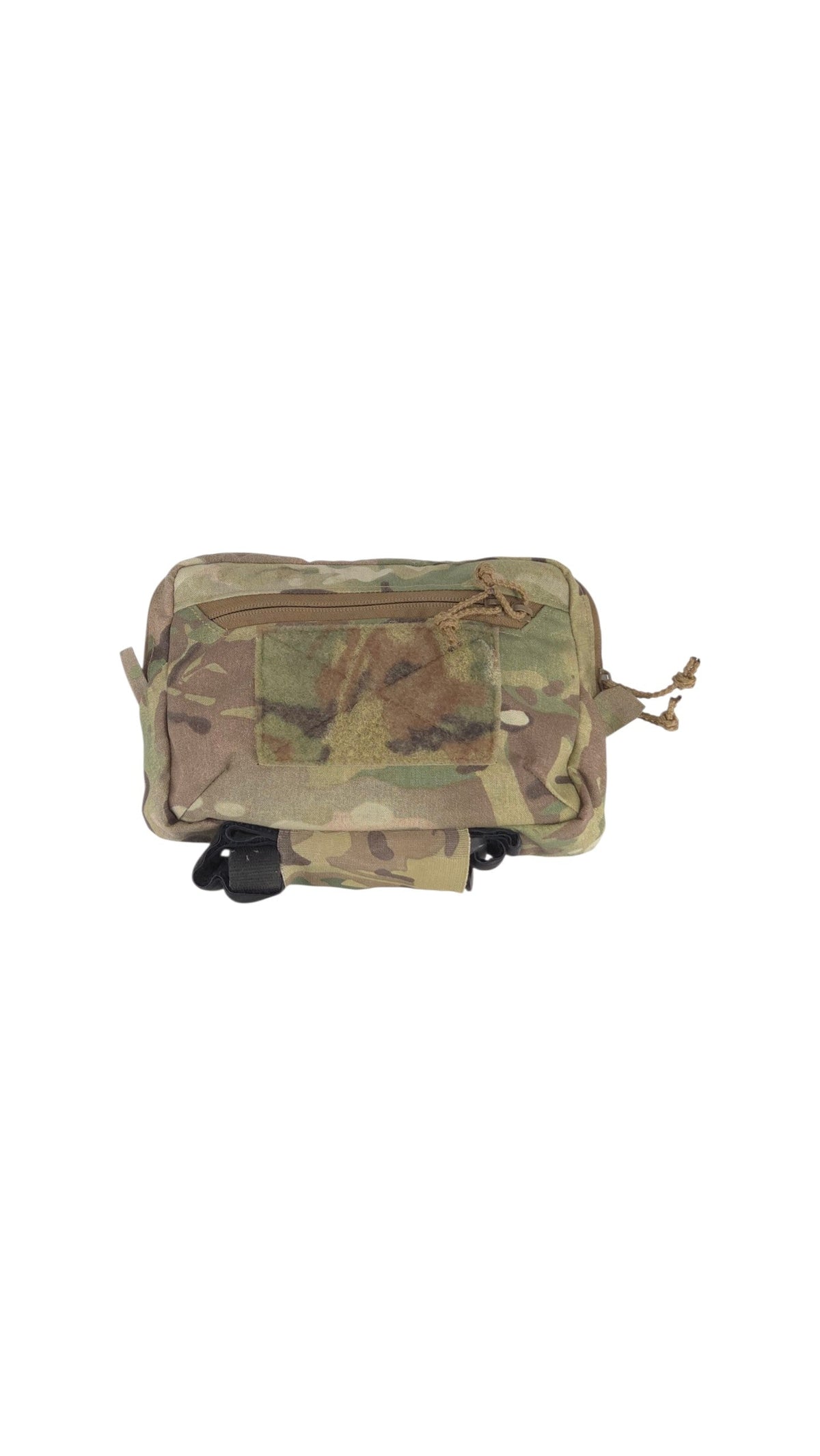 A tactical utility pouch in a classic camouflage pattern of green, brown, and beige, shown against a plain white background.
