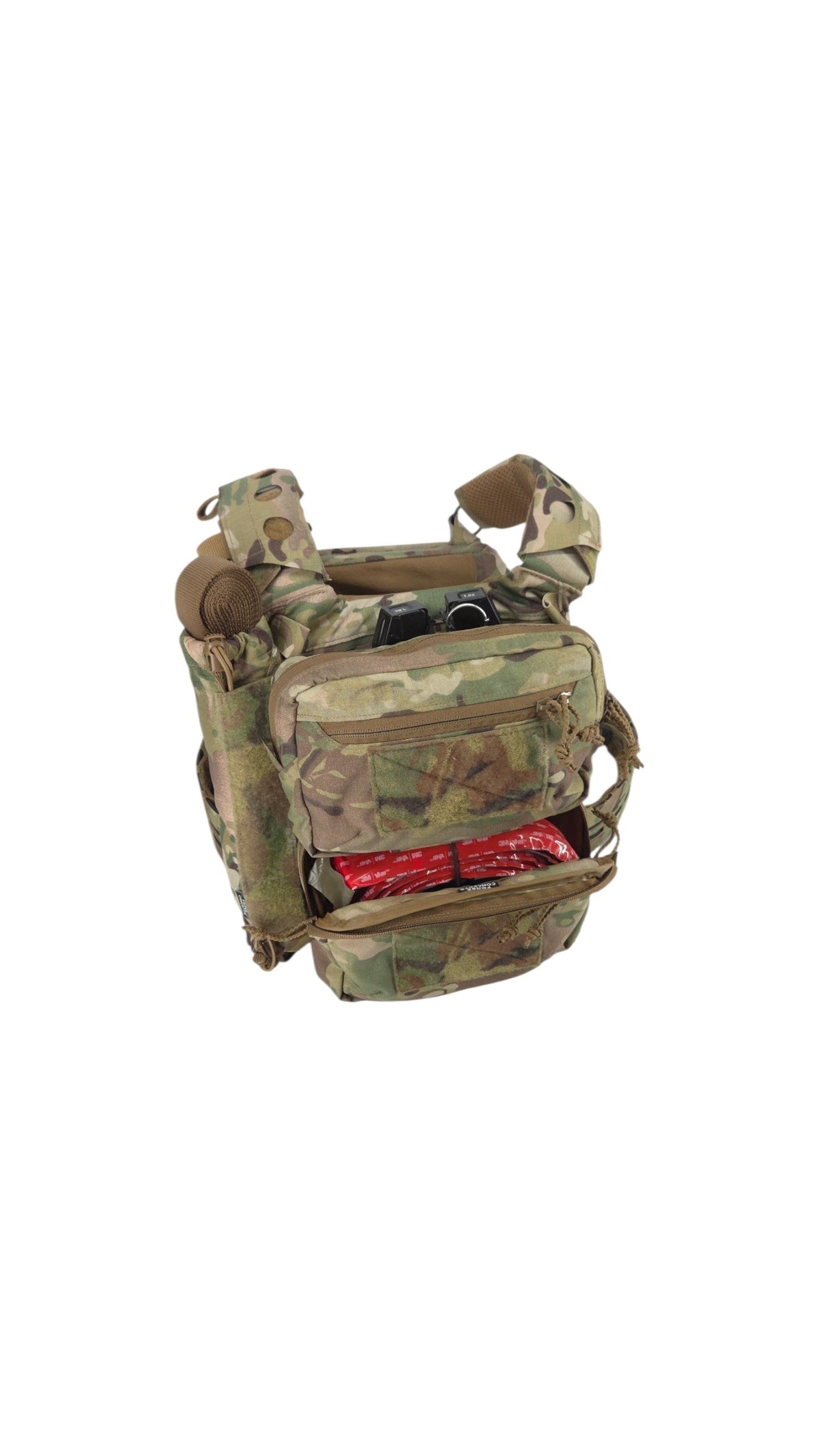 A tactical utility pouch in a camouflage pattern, shown open with its front pocket displaying a red item inside, isolated on a white background.