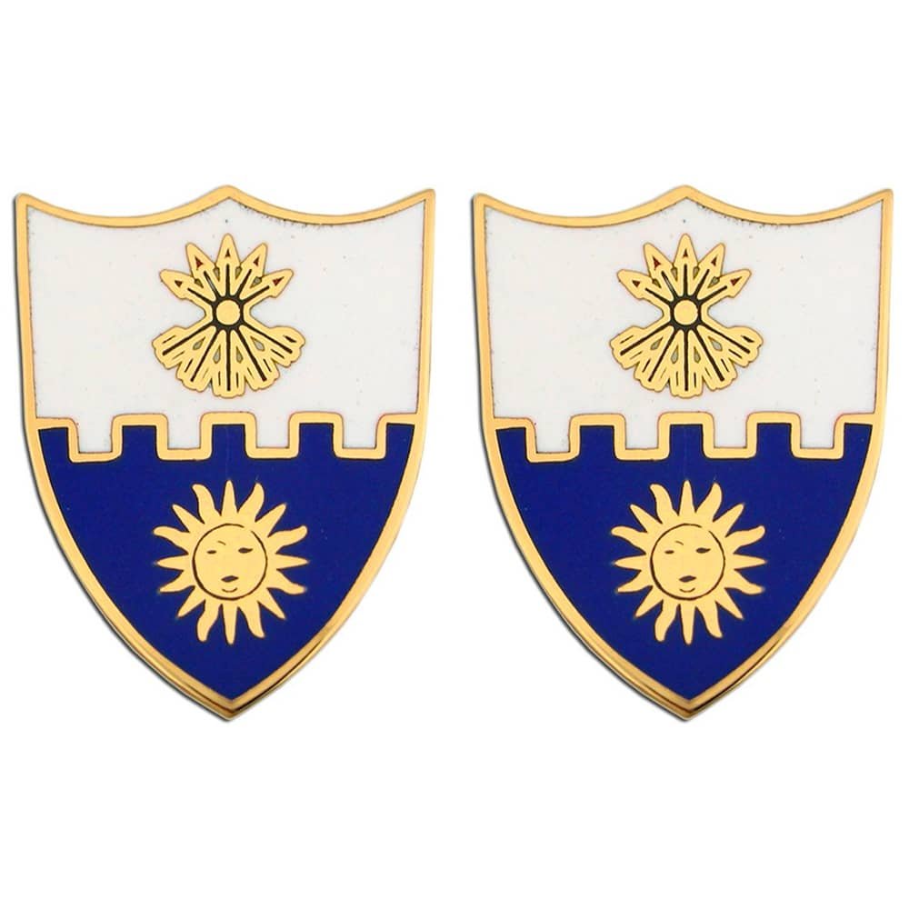 A pair of shield-shaped enamel pins featuring a white top half with a gold sunburst, a blue bottom half with a gold sun, and gold borders.