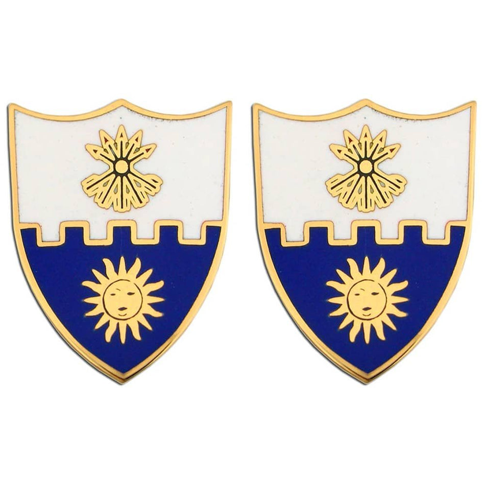 A pair of shield-shaped enamel pins featuring a white top half with a gold sunburst, a blue bottom half with a gold sun, and gold borders.