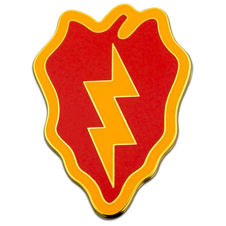 25th Infantry Division Combat Service Identification Badge a red and yellow shield-shaped emblem pin featuring a lightning bolt symbol in the center, shown on a plain white background.