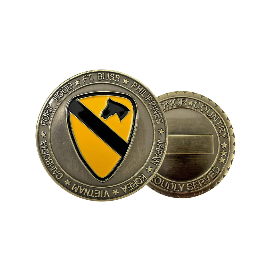 Two military-themed coins with a yellow and black emblem on a white background