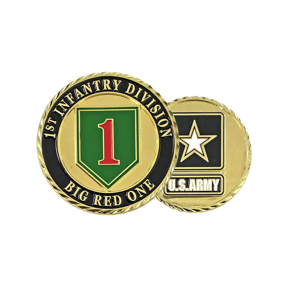 Two military coins, one with '1st Infantry Division' and 'Big Red One', the other with U.S. Army logo, on a white background.