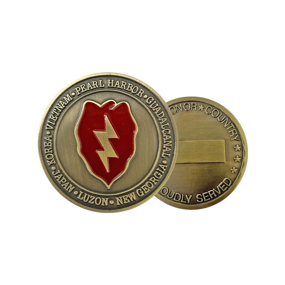 Bronze military coin with red emblem and text on a white background