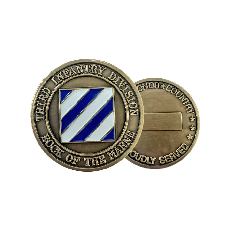 Bronze military coin with 'Third Infantry Division' text and emblem on a white background