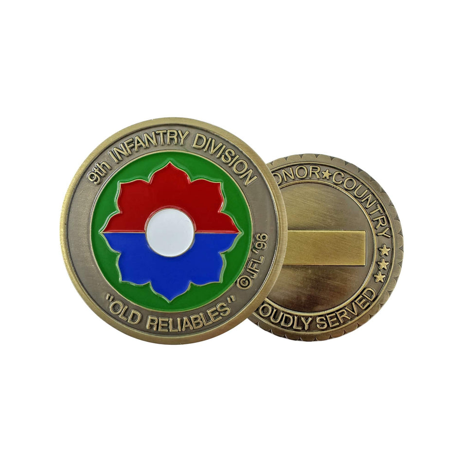 Two military-themed coins with a colorful emblem and text on a white background