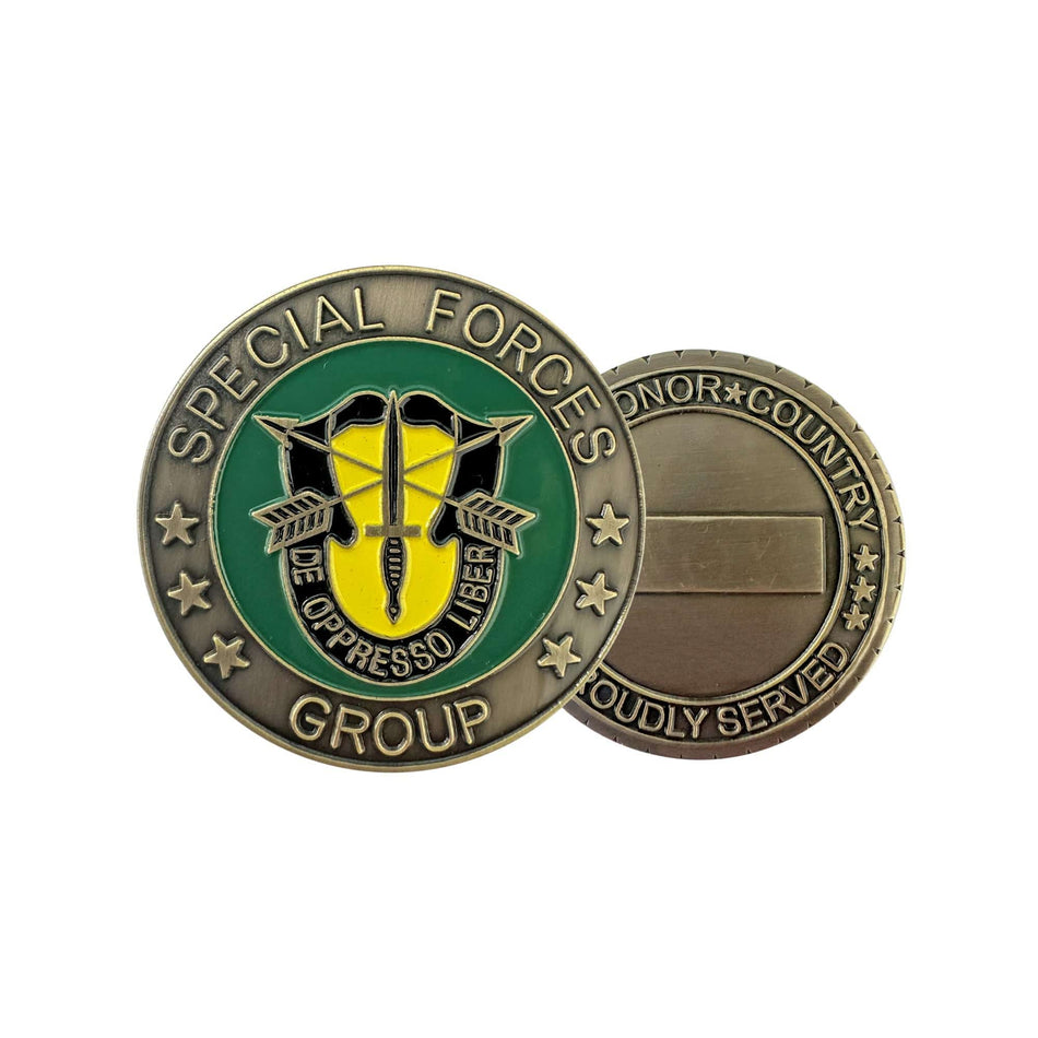 Two military-themed coins with 'Special Forces Group' text and emblem on a white background