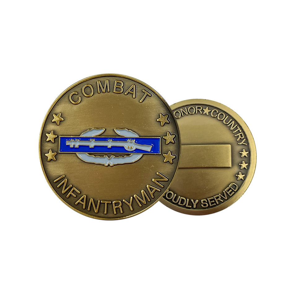 Bronze military challenge coin with 'Combat Infantryman' inscription on a white background