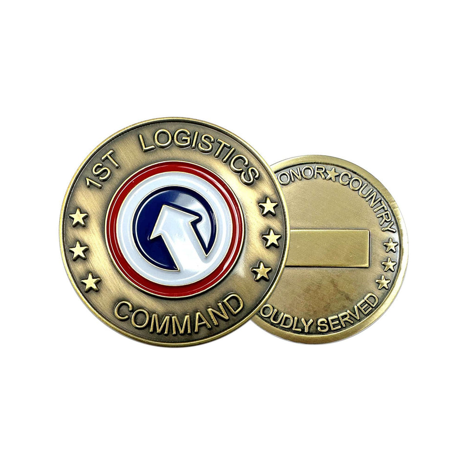 Gold military-style challenge coin with text and emblem on a white background