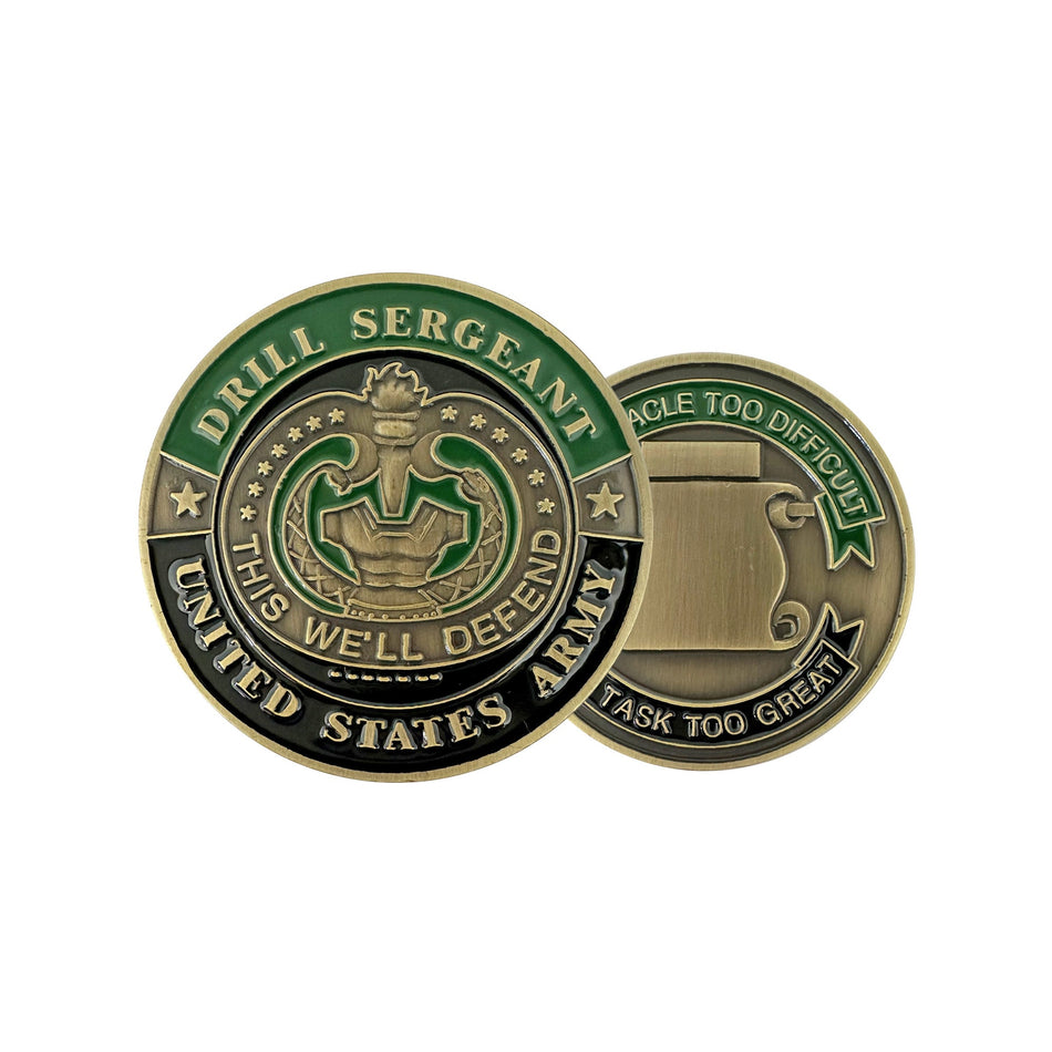 Two military challenge coins for the United States Army Drill Sergeant, showing both the front and reverse sides on a plain white background.