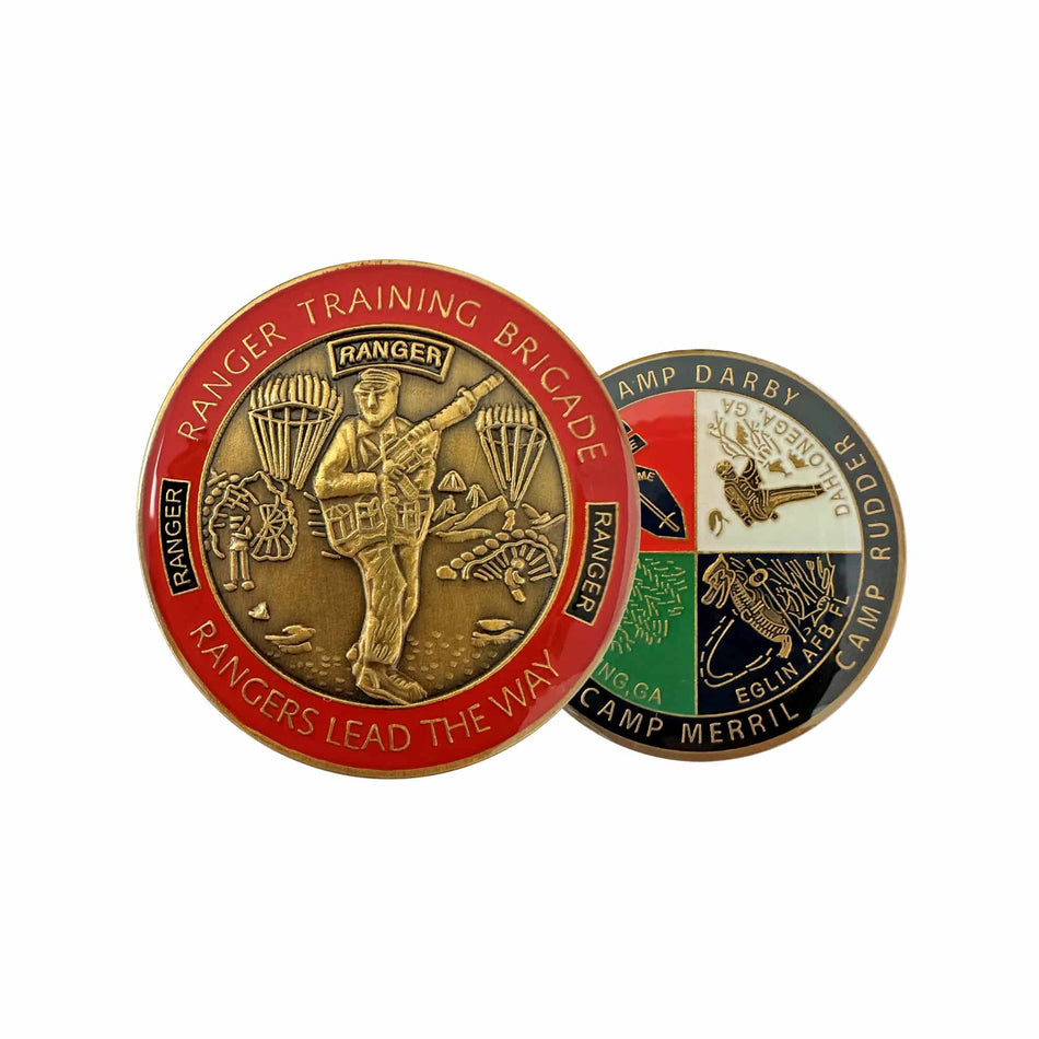 Two military-themed coins on a white background