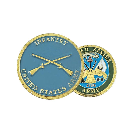 Two military coins, one with 'Infantry United States Army' text and rifles, the other with a central emblem and 'United States Army' text.