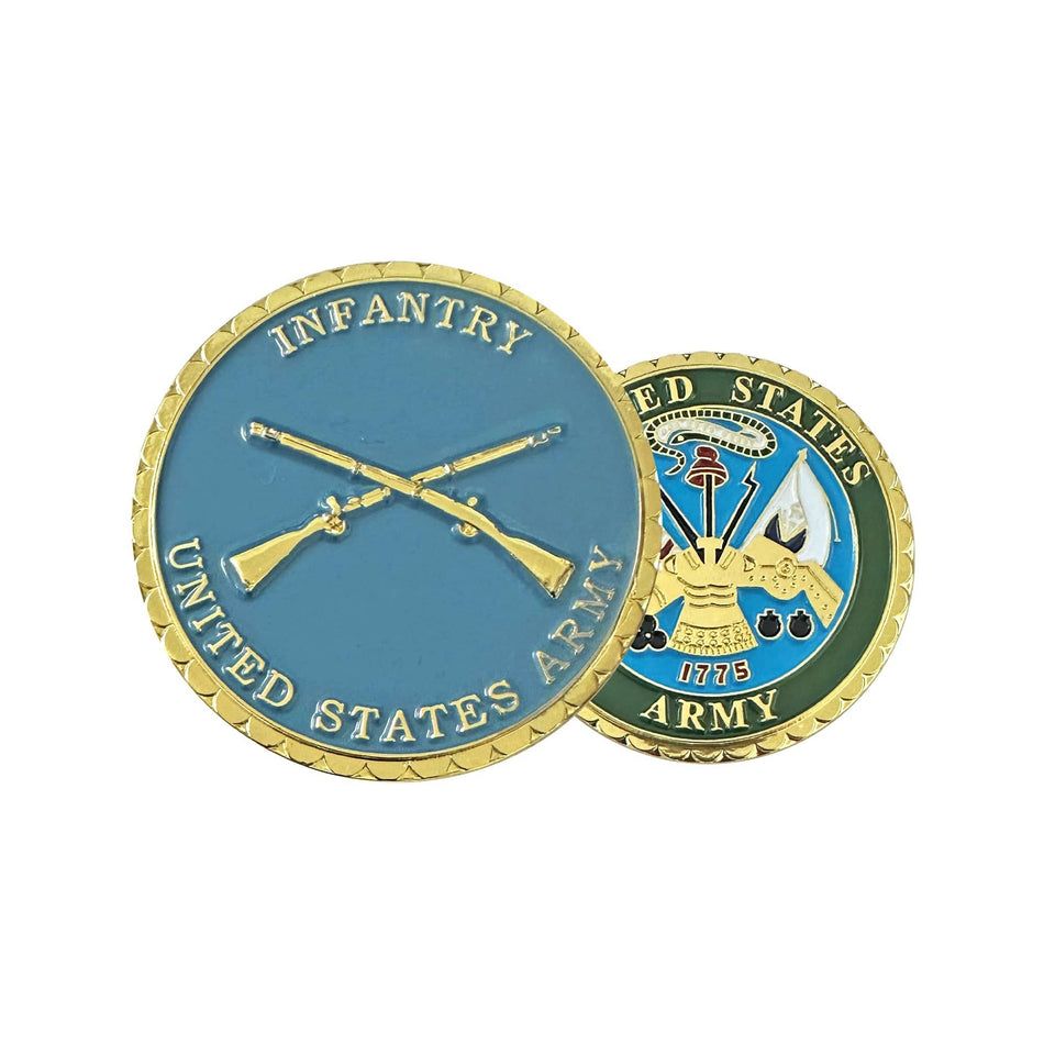 Two military coins, one with 'Infantry United States Army' text and rifles, the other with a central emblem and 'United States Army' text.