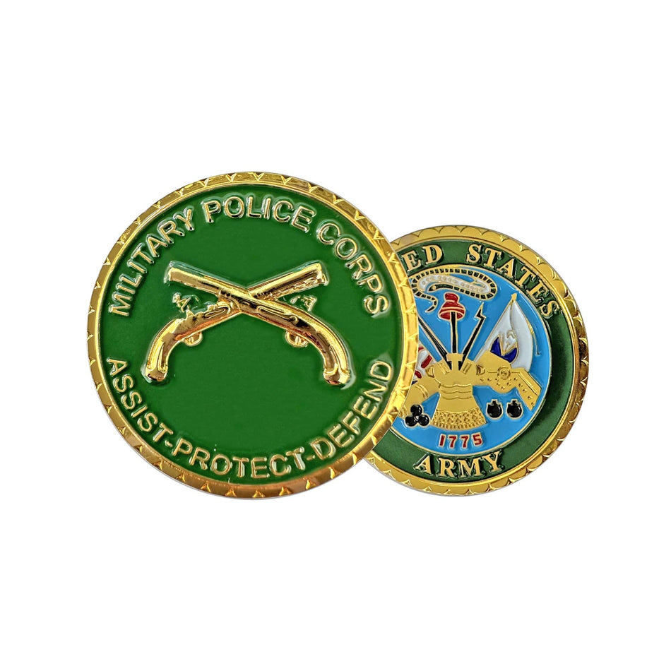 Two military-themed coins, one green with 'Military Police Corps' text and gun illustration, the other blue with U.S.