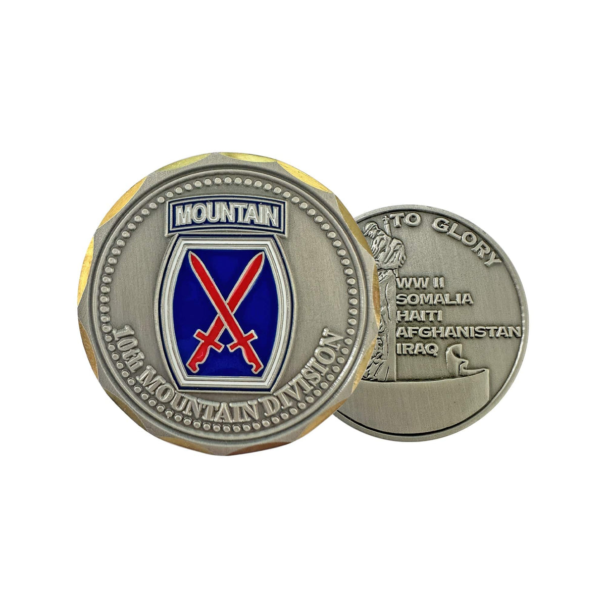 Two sides of a military-themed coin with emblem and text on a white background