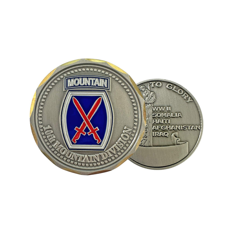 Two sides of a military-themed coin with emblem and text on a white background
