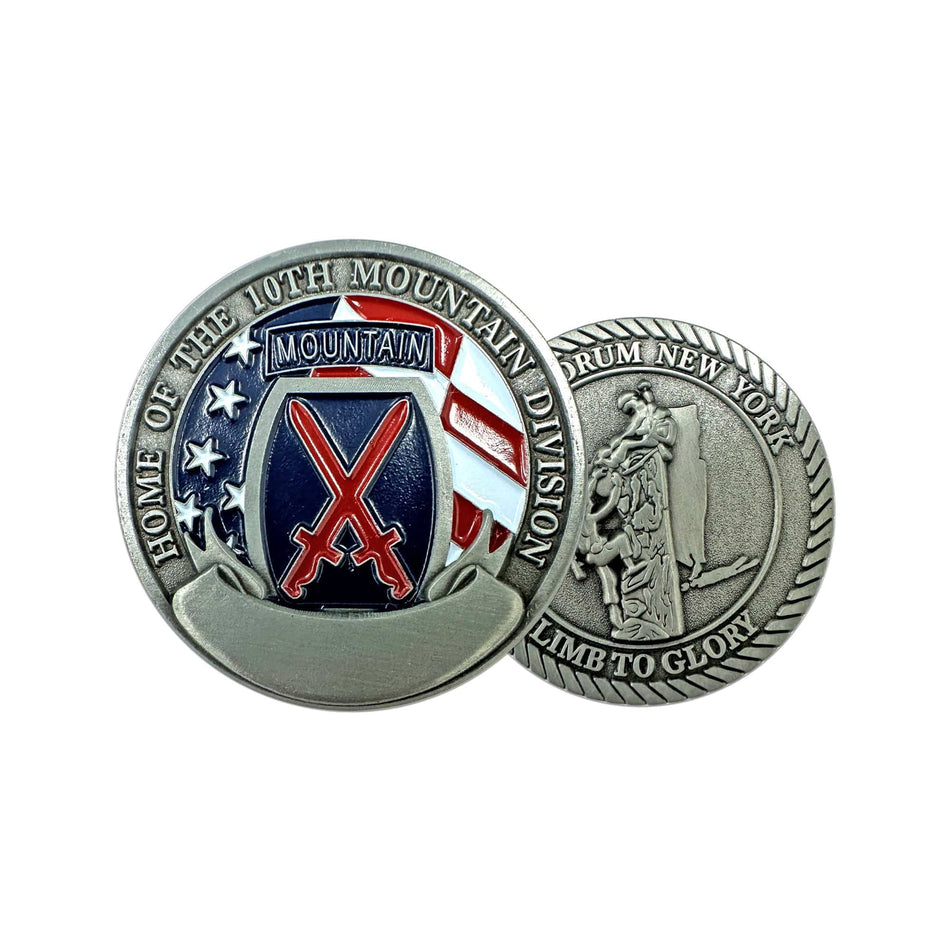 Two sides of a military-themed coin with emblem and text on a white background
