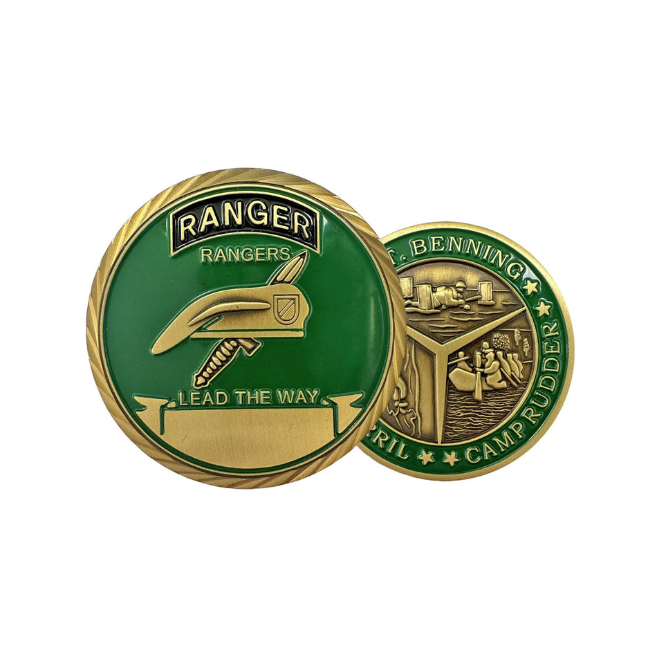 Two round coins with green and gold design on a white background