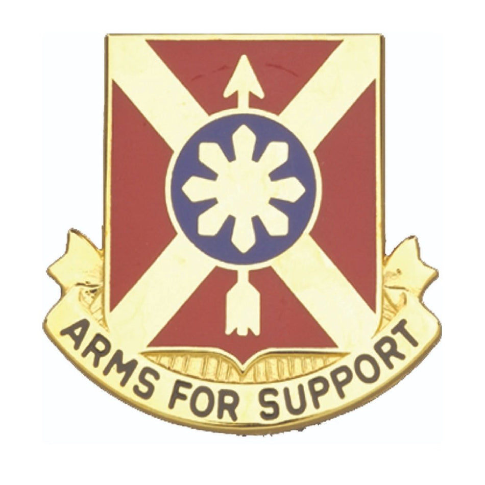 163rd Field Artillery Unit Crest, featuring a gold border and scroll with the text 'ARMS FOR SUPPORT' on a plain white background.