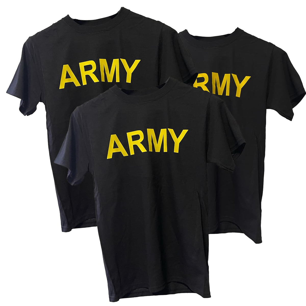 Three Army Physical Training PT Short Sleeve Shirts, on a plain white background.