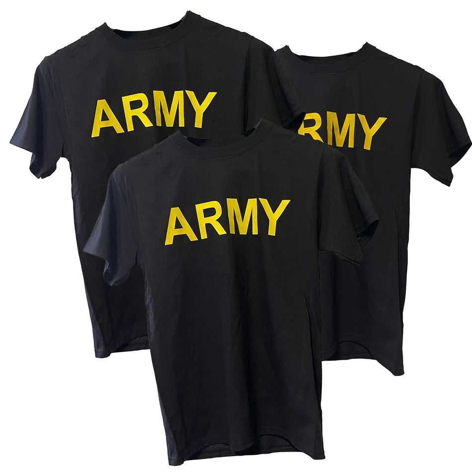 Three Army Physical Training PT Short Sleeve Shirts, on a plain white background.